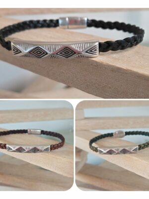 Bracelet homme en cuir tressé plat et tube à motif