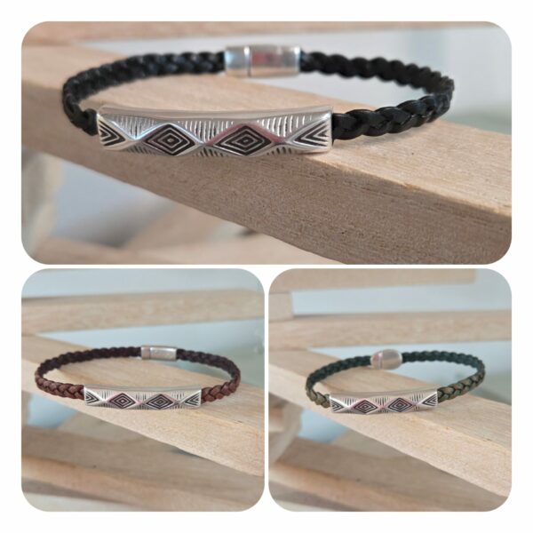 Bracelet homme en cuir tressé plat et tube à motif
