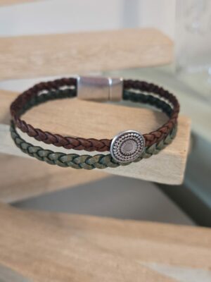 Bracelet homme en cuir tressé marron et vert