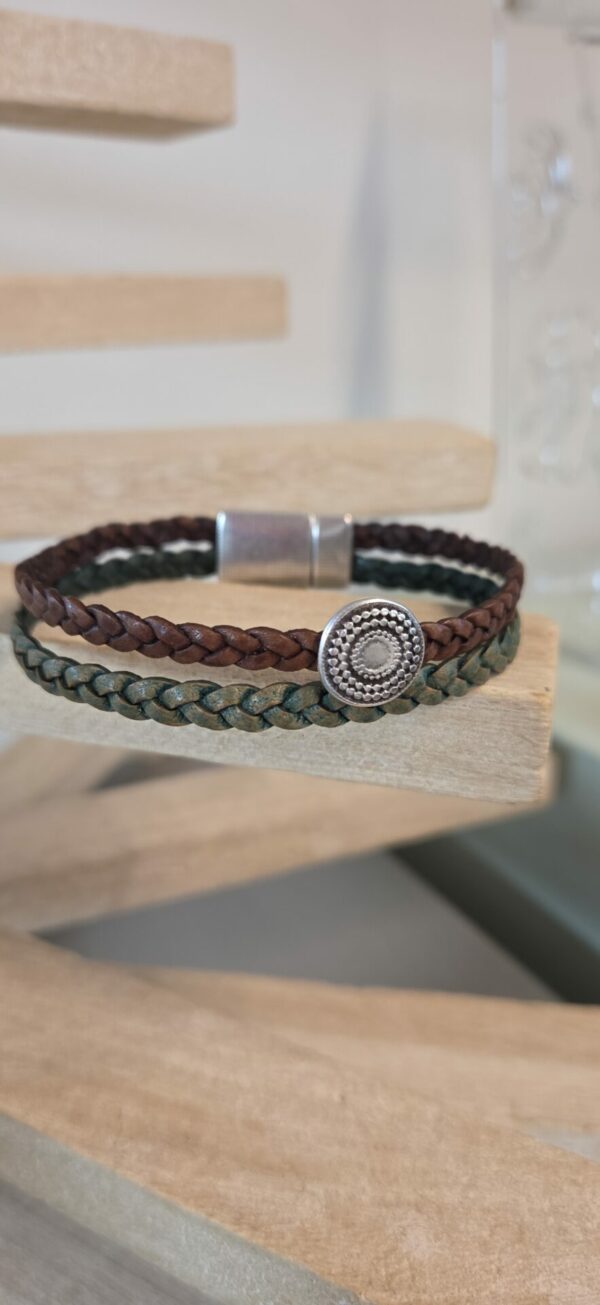 Bracelet homme en cuir tressé marron et vert