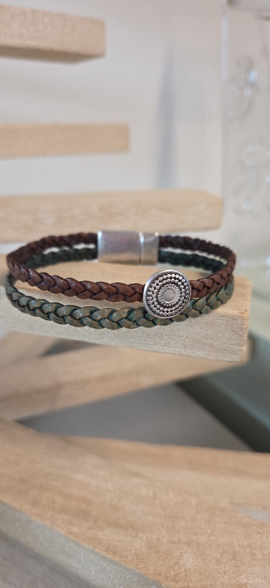 Bracelet homme en cuir tressé marron et vert