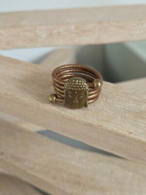 Bague femme cuir rond bronze et bouddha bronze