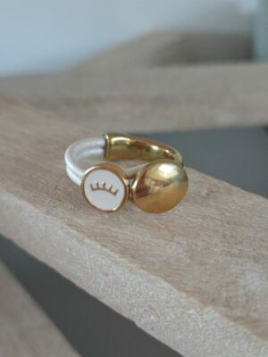 Bague femme demi anneau doré, cuir blanc et oeil émaillé