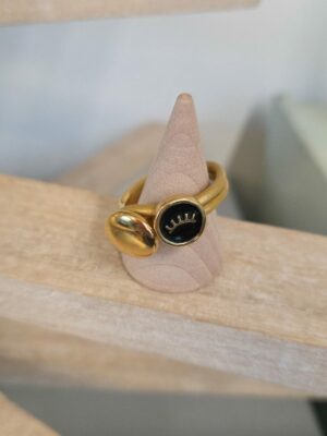 Bague femme demi anneau doré, cuir doré et oeil émaillé