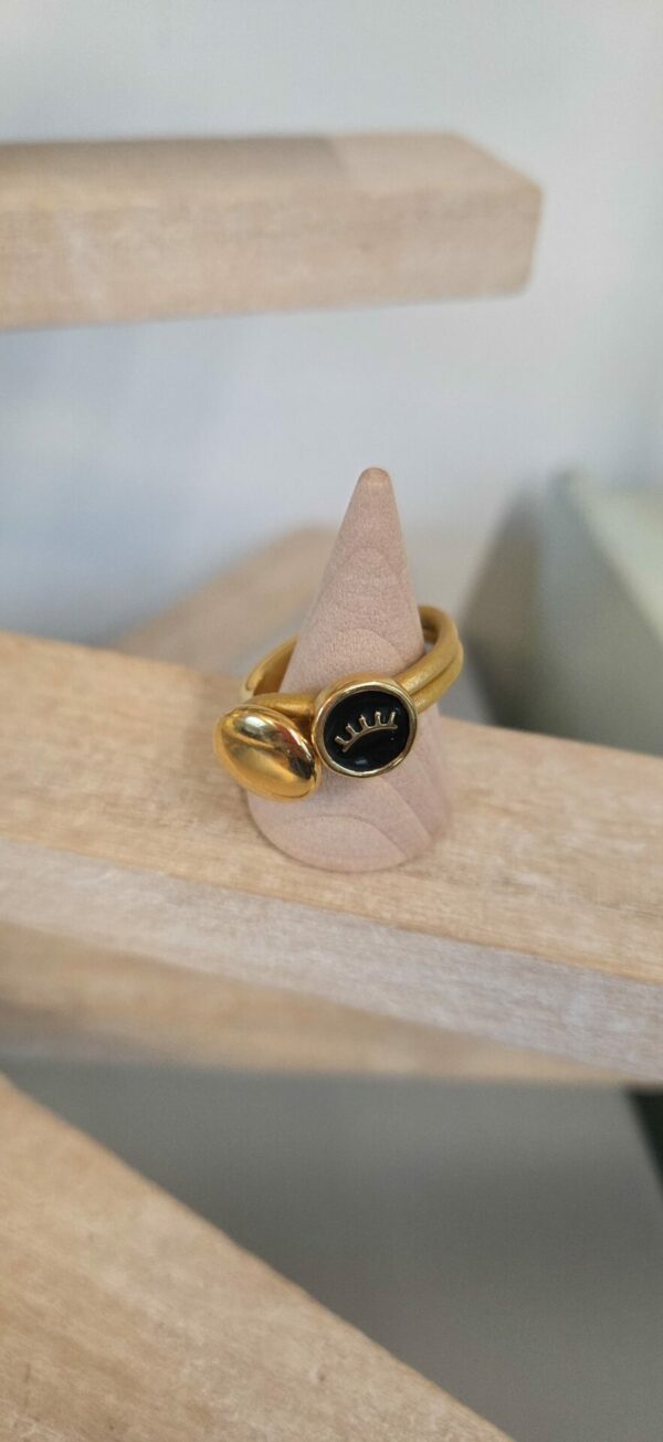 Bague femme demi anneau doré, cuir doré et oeil émaillé