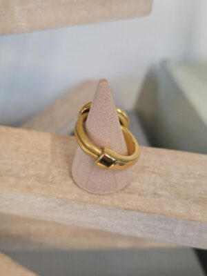 Bague femme demi anneau doré, cuir doré et oeil émaillé