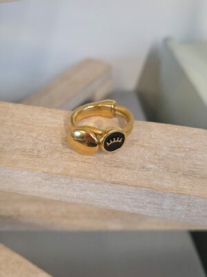 Bague femme demi anneau doré, cuir doré et oeil émaillé