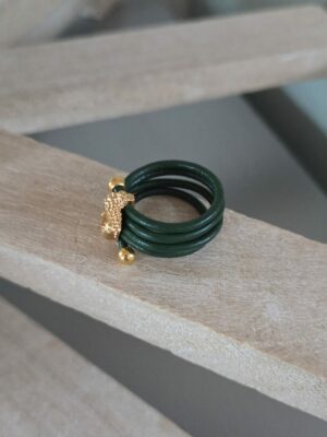 Bague femme cuir rond vert et bouddha doré