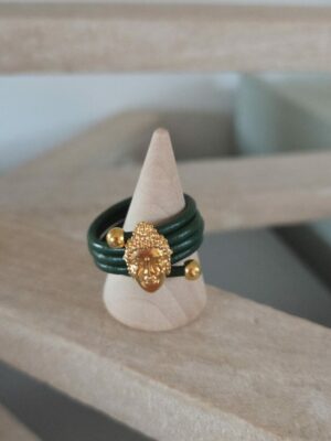 Bague femme cuir rond vert et bouddha doré