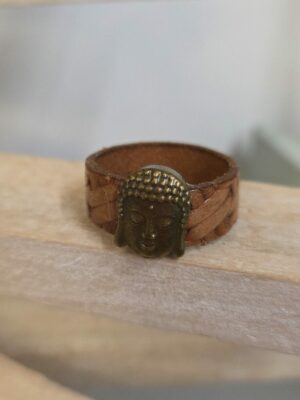 Bague homme cuir marron et bouddha bronze