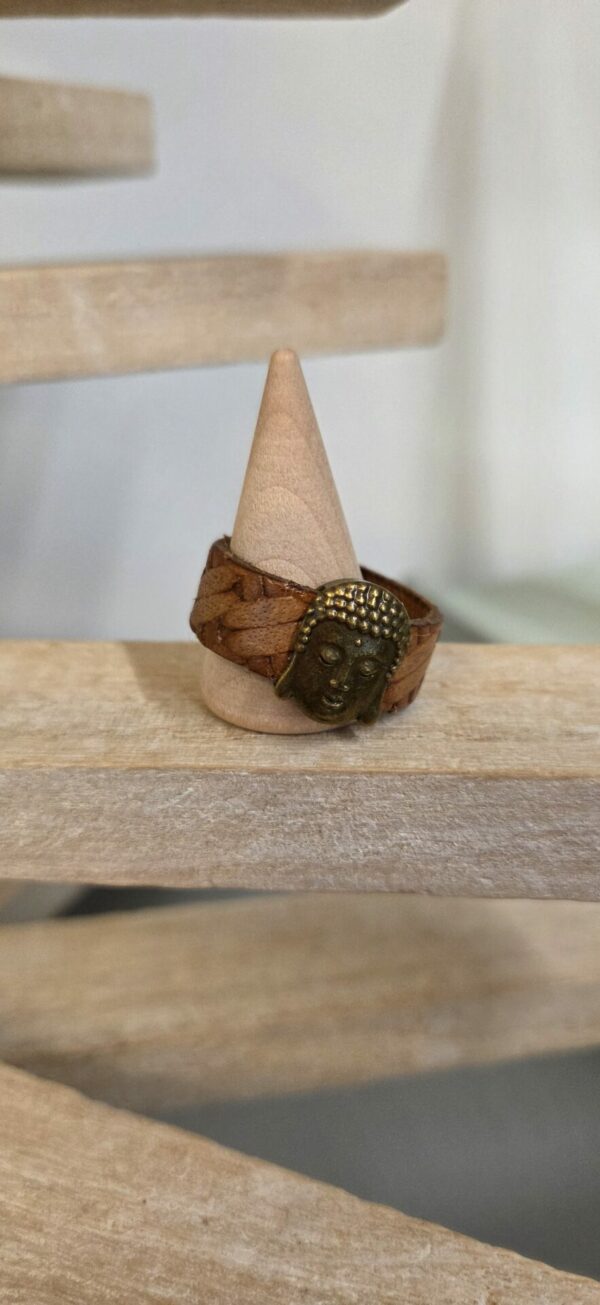 Bague homme cuir marron et bouddha bronze
