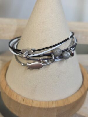 Bracelet femme multi rangs et perles argentées et grises