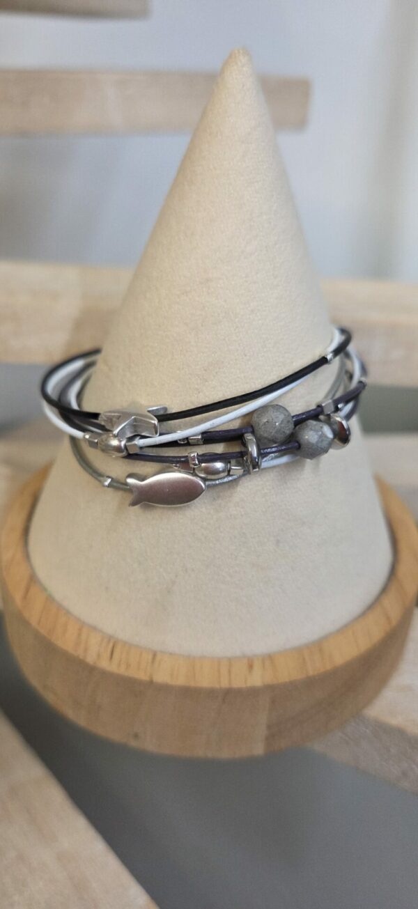 Bracelet femme multi rangs et perles argentées et grises
