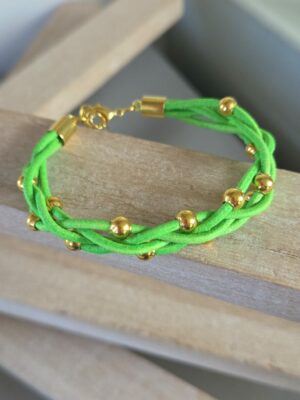 Bracelet femme en cuir rond 2mm verf fluo et perles dorées