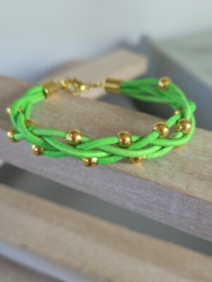 Bracelet femme en cuir rond 2mm verf fluo et perles dorées