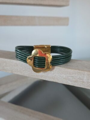 Bracelet femme cuir rond vert foncé et fleur dorée