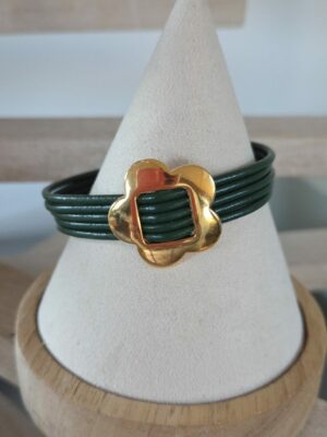 Bracelet femme cuir rond vert foncé et fleur dorée