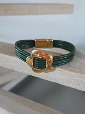 Bracelet femme cuir rond vert foncé et fleur dorée