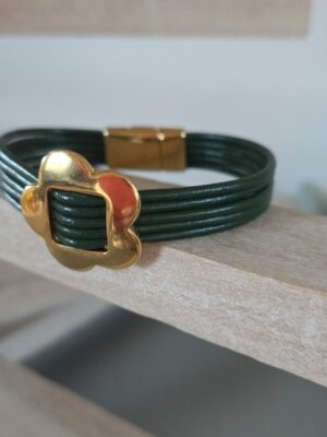 Bracelet femme cuir rond vert foncé et fleur dorée