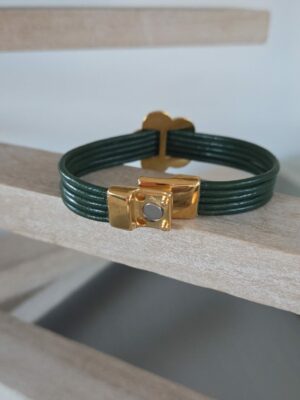 Bracelet femme cuir rond vert foncé et fleur dorée