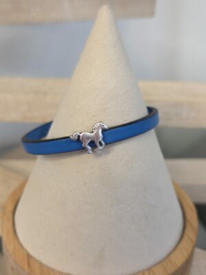 Bracelet enfant en cuir bleu et son cheval argenté