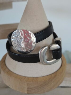 Bracelet femme en cuir noir et fermoir et pastille argenté