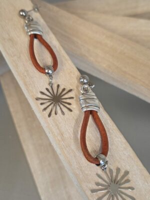 Boucles oreilles femme cuir rond et étincelle argentée