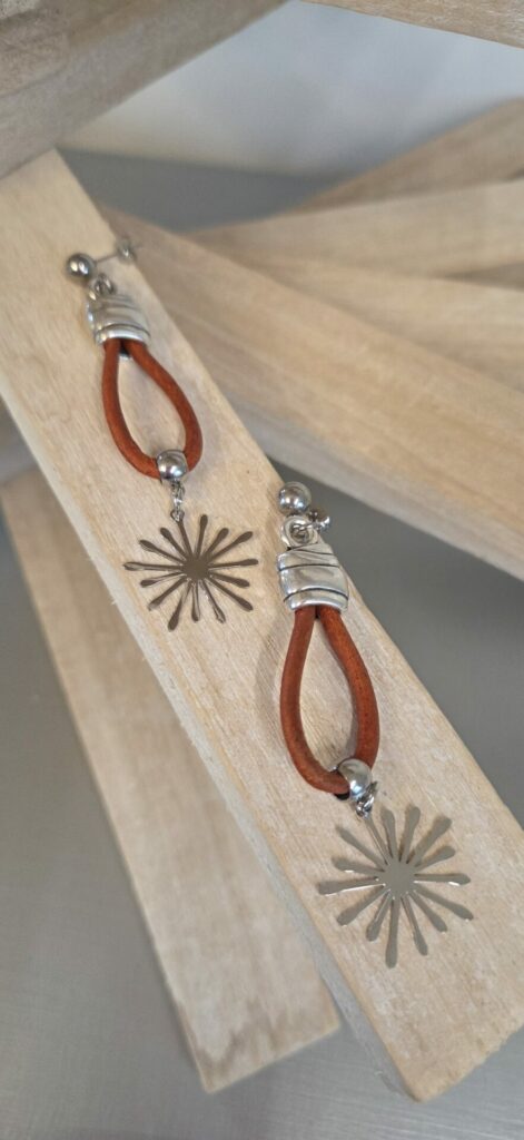 Boucles oreilles femme cuir rond et étincelle argentée
