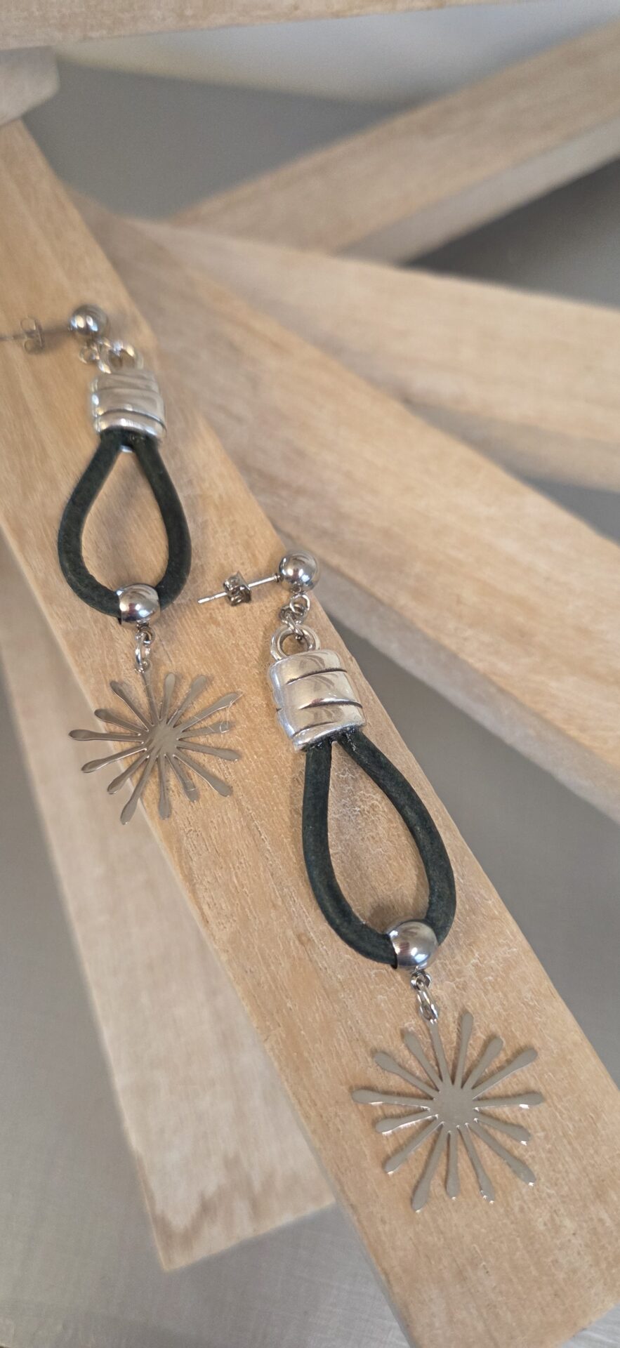 Boucles oreilles femme cuir rond et étincelle argentée