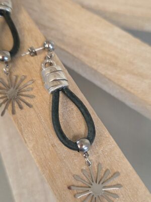 Boucles oreilles femme cuir rond et étincelle argentée