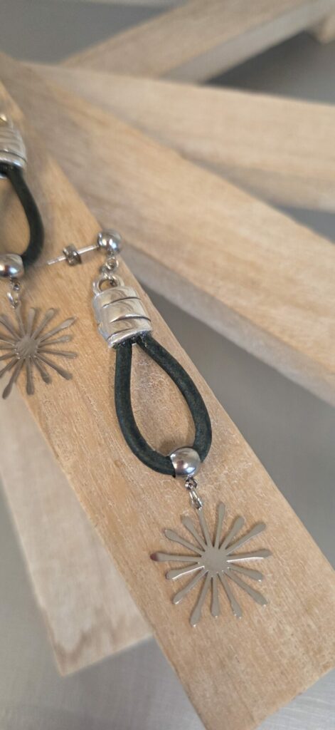 Boucles oreilles femme cuir rond et étincelle argentée