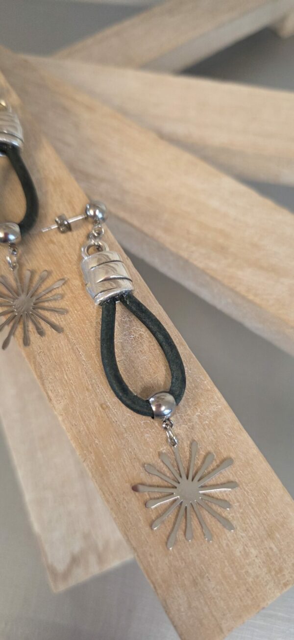 Boucles oreilles femme cuir rond et étincelle argentée