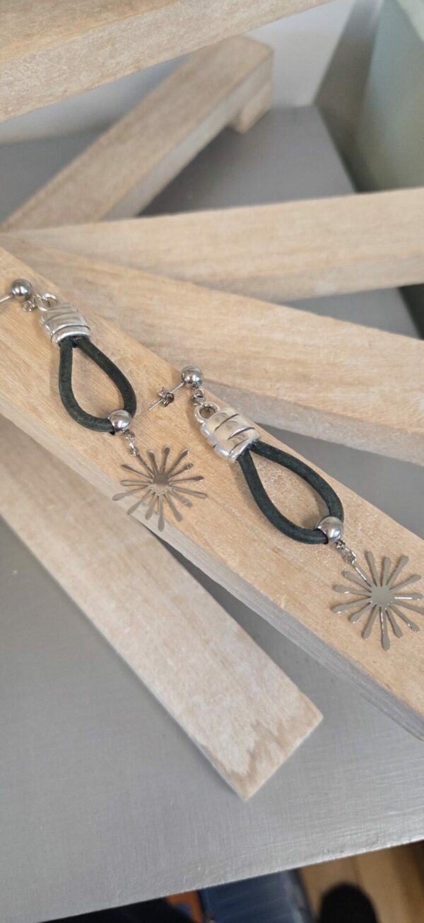 Boucles oreilles femme cuir rond et étincelle argentée