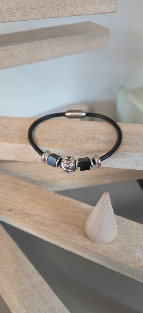 Bracelet homme en cuir noir, perles noires et argentées