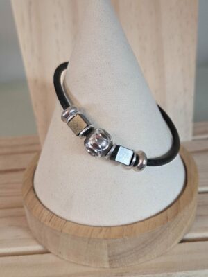 Bracelet homme en cuir noir, perles noires et argentées