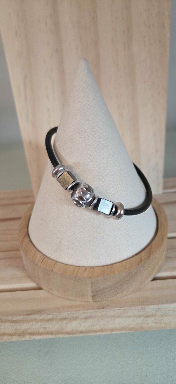 Bracelet homme en cuir noir, perles noires et argentées