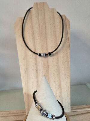 Bracelet homme en cuir noir, perles noires et argentées