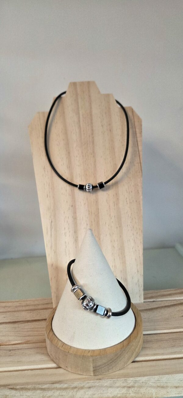 Bracelet homme en cuir noir, perles noires et argentées