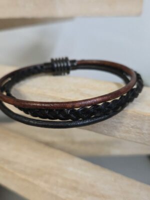Bracelet homme en cuir rond noir et marron et plat noir