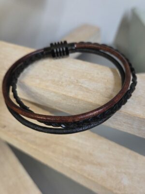 Bracelet homme en cuir rond noir et marron et plat noir