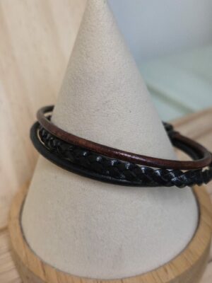 Bracelet homme en cuir rond noir et marron et plat noir