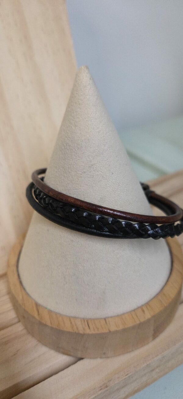 Bracelet homme en cuir rond noir et marron et plat noir