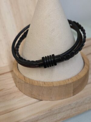 Bracelet homme en cuir rond noir et marron et plat noir