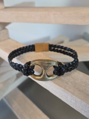 Bracelet homme grain de café et cuir tressé plat noir