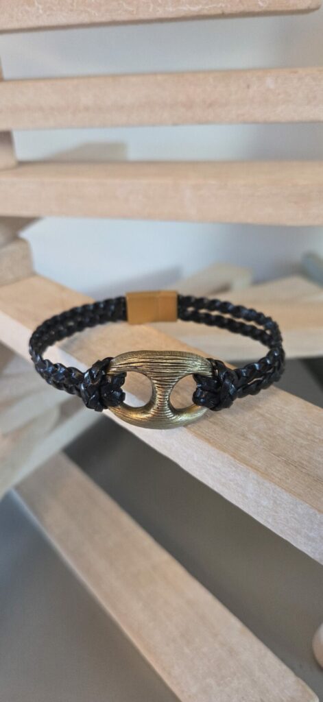 Bracelet homme grain de café et cuir tressé plat noir