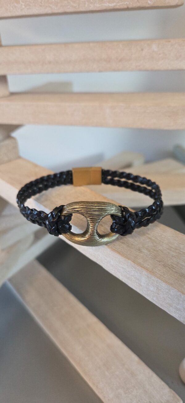 Bracelet homme grain de café et cuir tressé plat noir