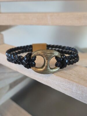 Bracelet homme grain de café et cuir tressé plat noir