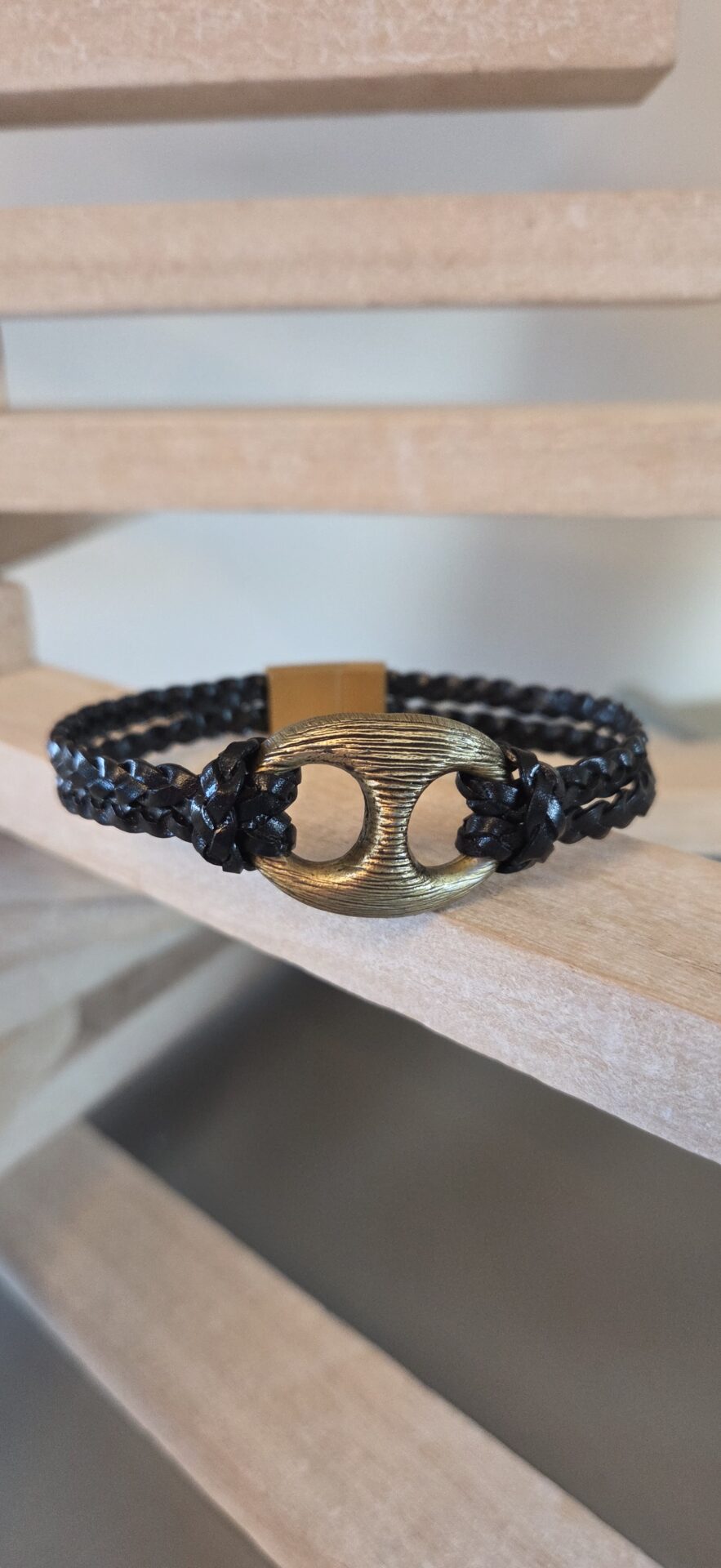 Bracelet homme grain de café et cuir tressé plat noir