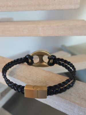 Bracelet homme grain de café et cuir tressé plat noir