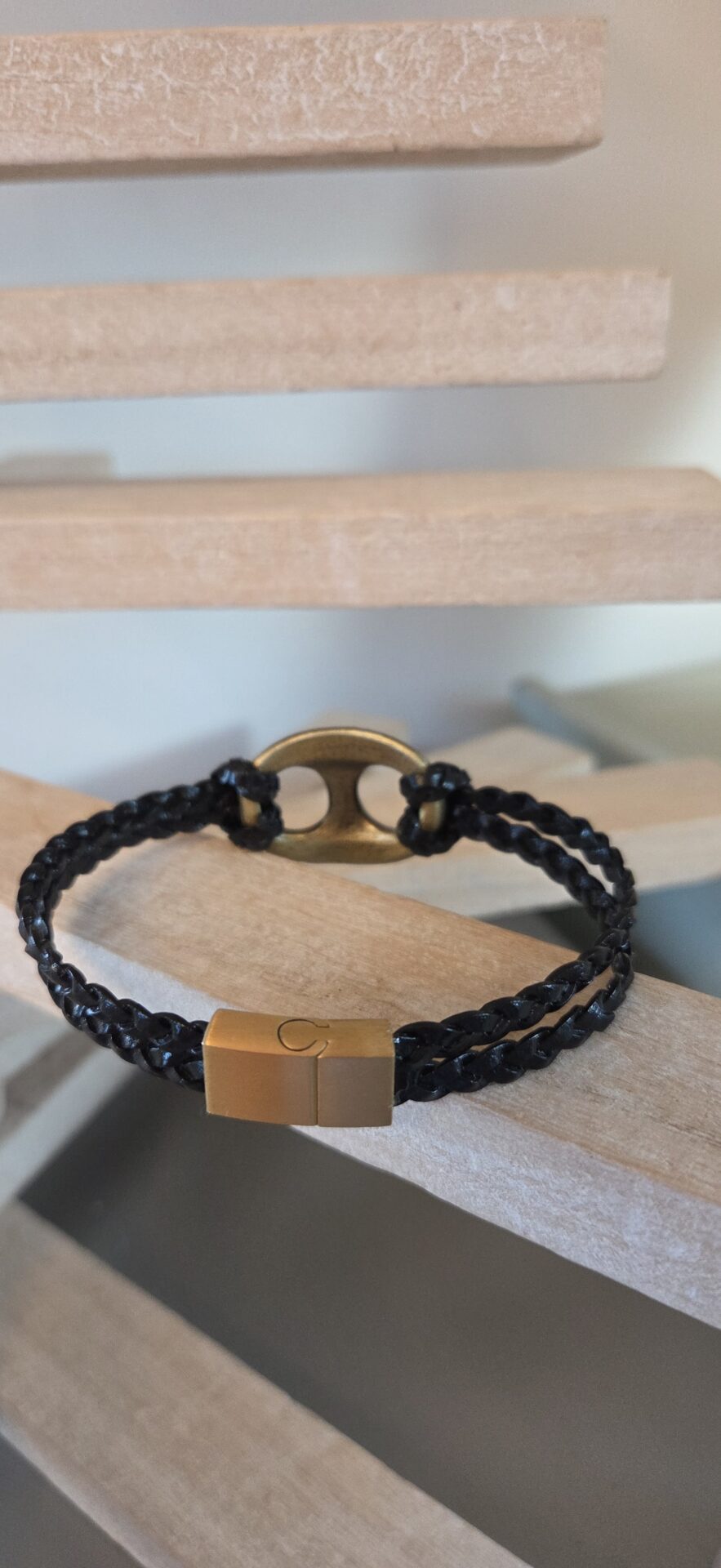 Bracelet homme grain de café et cuir tressé plat noir